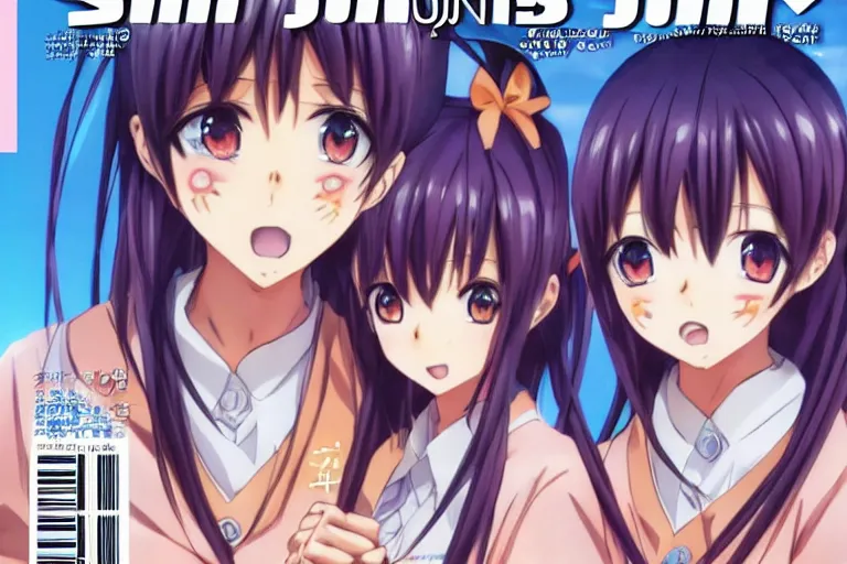 Image similar to ;Weekly Shonen Jump Issue 14, cover, 2000 clannad shuffle toheart event'anime illustration japanese very very beautiful cute girls doing cute things trending on artstation pixiv makoto shinkai smiling super detailed eyes eyebrowless symmetry face visual novel hairpin star