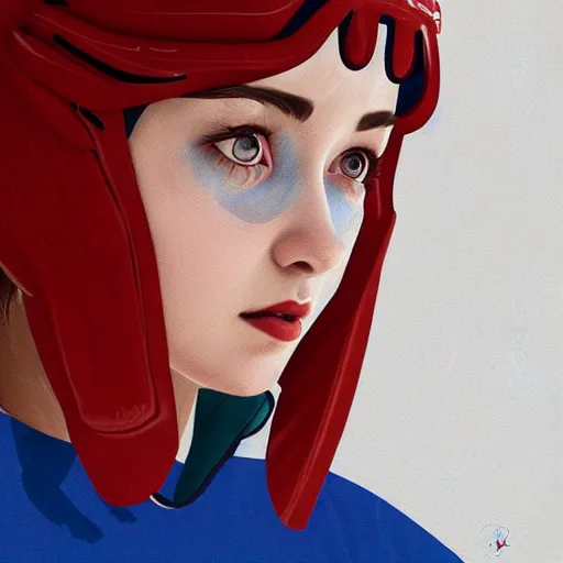 Image similar to portrait from Life is Strange, Female Ice Hockey Player, Habs fantasy, intricate, elegant, red blue white colorway, ice rink mist, highly detailed, digital painting, trending on artstation, concept art, smooth, sharp focus, illustration, art by james gilleard, beeple, artgerm and greg rutkowski and alphonse mucha, unreal engine, 4k, 8k