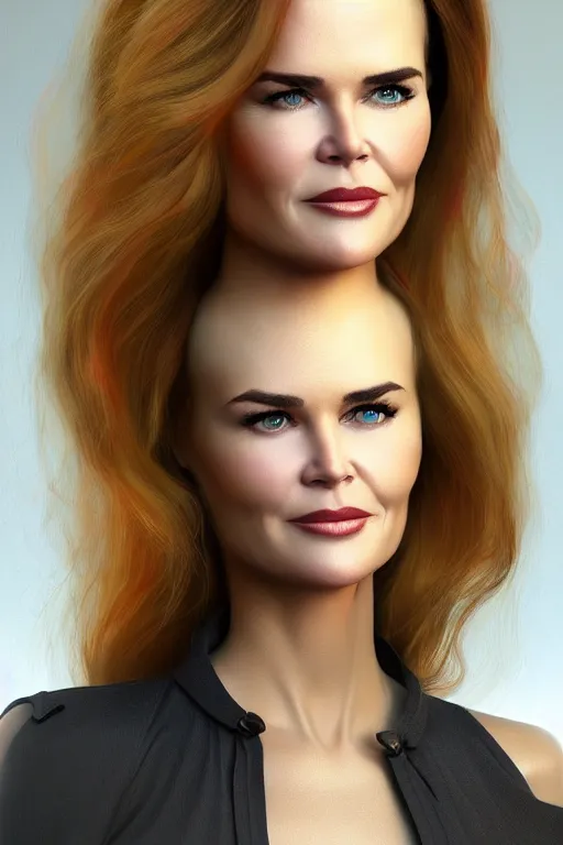 Image similar to mix of beautiful young maria shriver, mariel hemmingway, brooke shields, nicole kidman and elle macpherson as an alien creature, thin lips, hair tied up in a pony tail, dark blonde hair, colorful, artstation, cgsociety