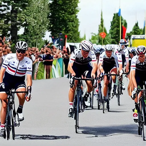 Prompt: “Editorial photo of two Mormon missionaries winning the Tour de France”