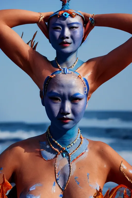 Image similar to a chinese woman dressed as a blue-skinned triton standing on a beach, blue body paint, high resolution film still, 8k, HDR colors, cosplay, outdoor lighting, high resolution photograph, photo by bruce weber, beautiful symmetric face