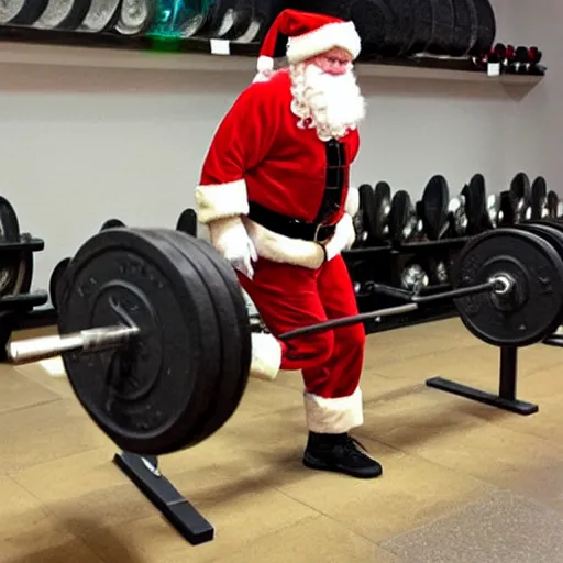 Image similar to santa lifting weights, leg day, squats