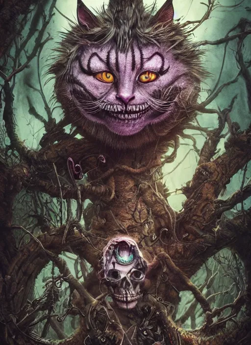 Image similar to cheshire cat death tarot card, highly detailed, half skull face, cinematic, 8 k, by stanley artgermm, tom bagshaw, greg rutkowski, carne griffiths, ayami kojima, beksinski, giger, trending on deviantart, hyper detailed, horror, full of colour