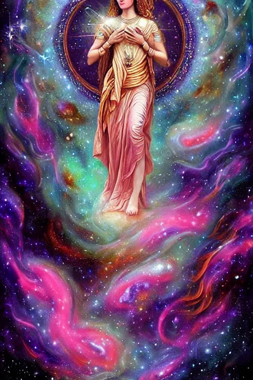 Prompt: Full view realistic ethereal stunning Immortal Gods of cosmic nebula in a beautiful dress, 4k digital painting masterpiece, ornate Iconography background in the style of Barbara Meiklejohn-Free & Flavia Kate Peters, tarot card, cool, magnificent, mystical, Hyperdetailed, award winning art, , wlop, Pinterest, detailed and realistic, soft lighting, intricate details, realistic, full view, Artstation, CGsociety