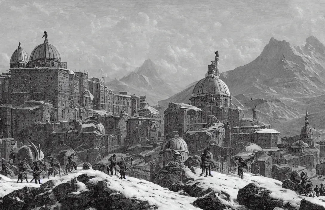 Image similar to Roman legionaries in imperial Russia, snow capped mountains, industrial citadel black domes and spires