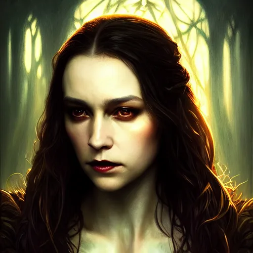 Image similar to majestic gracious regal aristocratic brunette female vampire portrait, atmospheric lighting, painted, menacing, intricate, volumetric lighting, beautiful, rich deep colours masterpiece, golden hour, sharp focus, ultra detailed, by leesha hannigan, ross tran, thierry doizon, kai carpenter, ignacio fernandez rios