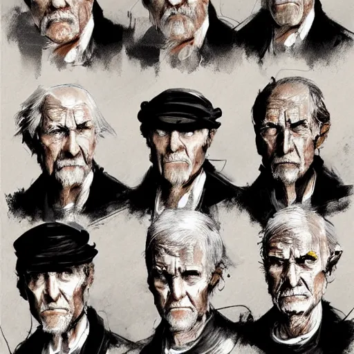 Prompt: faces reference sheet of various old - man by ashley wood and j. m. w. turner, speed painting, matte painting, monochrome