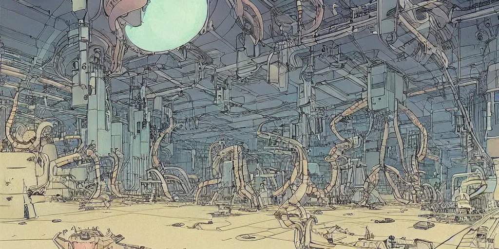 Prompt: underground scifi huge experimental tanks and bizarre creatures in it , mysterious laboratory, low ceiling, cables hanging from ceiling, thick cables on ground, ground perspective, huge computer screens, neons, top light , epic scene, illustration, art by ghibli moebius, comics art