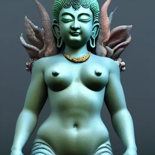 Image similar to render of a very beautiful 3d mermaid bodhisattva, mid-shot, highly detailed, trending on Artstation, Unreal Engine 4k