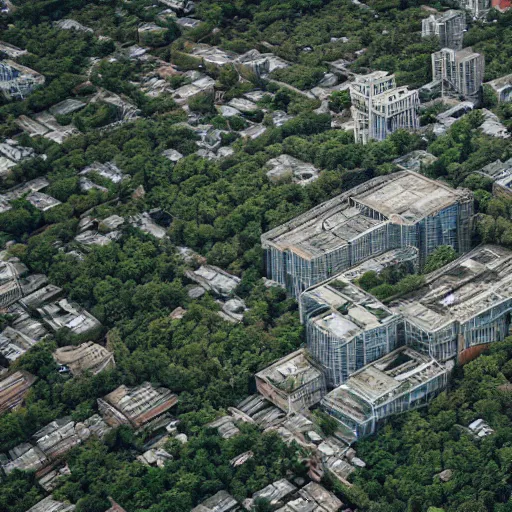 Prompt: futuristic urban decay overgrown cityscape photo shot from helicopter ultradetailed 8 k