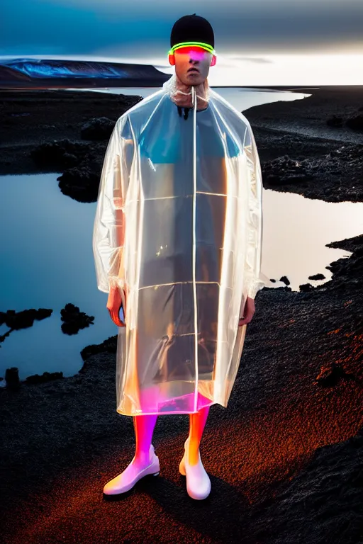 Image similar to an ultra high definition professional high fashion portrait studio full length photograph of a male model wearing a transparent pearlescent raincoat and neon visor in an icelandic black rock environment at dawn. no artefacts. extremely detailed. stark. refraction. shallow depth of field. volumetric light and shadow. ray tracing. light rays.