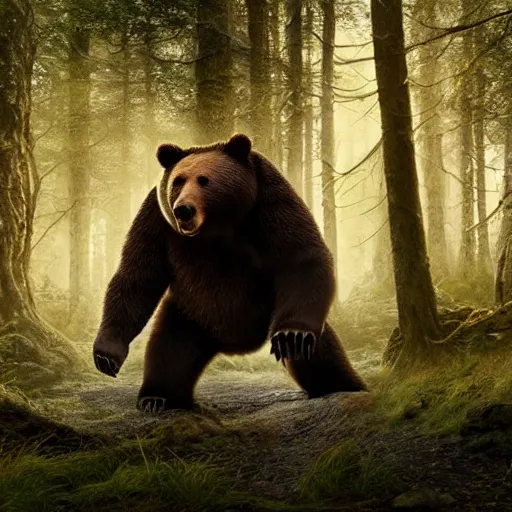 Image similar to a giant bear-shaped lovecraftian monster running quickly through a woodland, scary bear monster, 4 arms, magical forest, fantasy, Ireland, England, king Arthur, Lord of the rings, cinematic, realistic style, beautiful, majestic, dramatic lighting, early morning, dawn CGsociety, realistic, hyper maximalist, golden ratio, octane render, rule of thirds, wide shot , 8k resolution, epic volumetric light, cinematography, concept art, Artstation trending, environments, fantasy