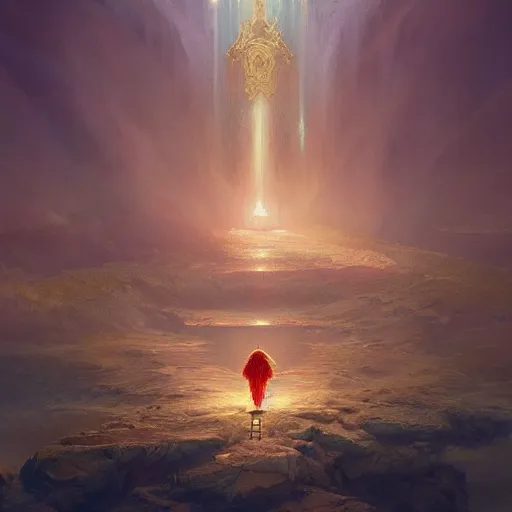 Image similar to a throne in heaven. On the throne sat someone who shone like a diamond or a ruby. Around the throne, a rainbow shone like an emerald. ,digital Art, hiperrealist Detailed, cinematographic, artstation Greg rutkowski