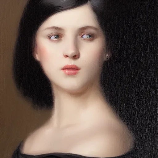 Prompt: a beautiful young woman, pale skin, black long hair, aristocrat, black expensive dress from 1 8 6 0, oil painting, digital art, studio photo, realistic, artstation, high quality, wild west