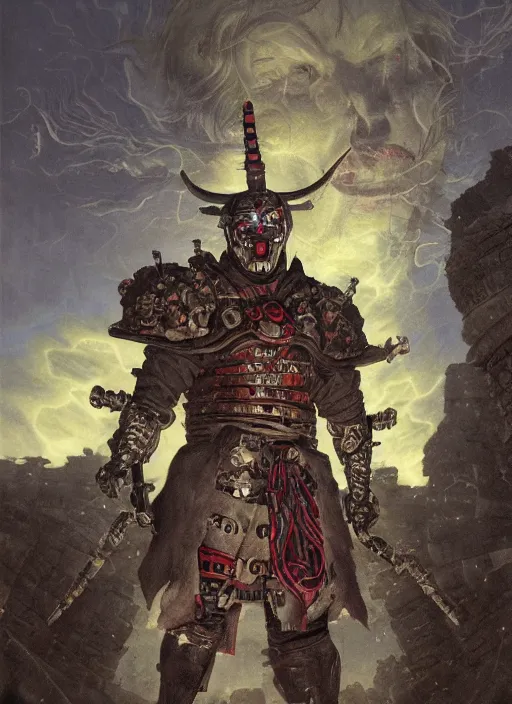 Image similar to portrait of a diabolical cyborg clown samurai, torn cape, adaptive armor, dynamic pose, heavy eyes to the side, ancient ruins, glowing veins subsurface scattering, in clouds, sunset, portrait, by gerald brom, by mikhail vrubel, by peter elson, muted colors, extreme detail, reflections, trending on artstation, 8 k