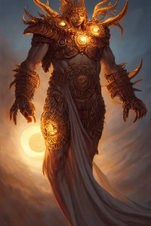 Image similar to humanoid god of the sun, highly detailed, d & d, fantasy, hyper detailed, digital painting, trending on artstation, apollo, concept art, sharp focus, illustration, art by artgerm and magali villeneuve and greg rutkowski and michael whelan, cryengine, 8 k realistic atmospheric lighting, frostbite 3 engine