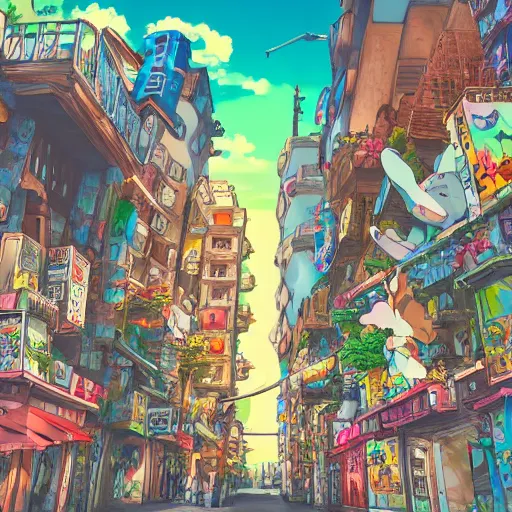 Prompt: a city filled with graffiti, studio ghibli, anime style, 4 k