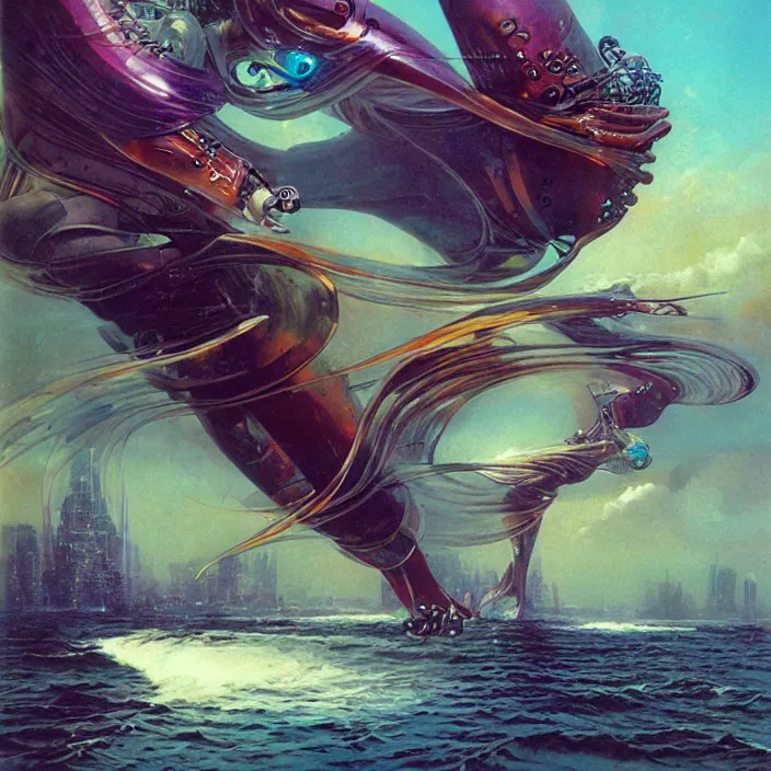 Image similar to cyberpunk mollusc women, flowing, aerodynamic, fast, flat art, digital art, hd, by james gurney, by bruce pennington