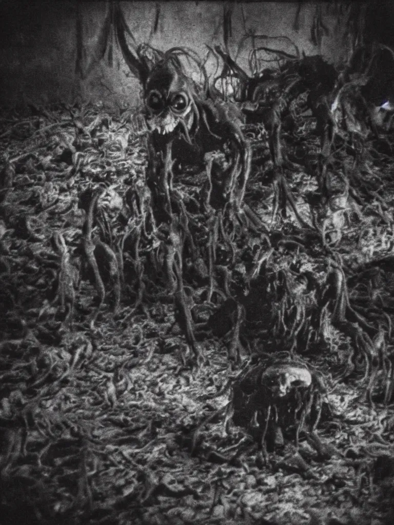 Image similar to still of a horrid vampiric creature surrounded by corpses hiding in a barnyard, horror movie, eerie, creepy, grainy, polaroid, found footage, great cinematography