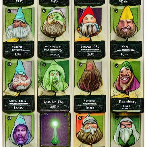 Image similar to garden gnome trading cards. magical attributes, spells, strengths and weakness, points, intricate borders, trading card style