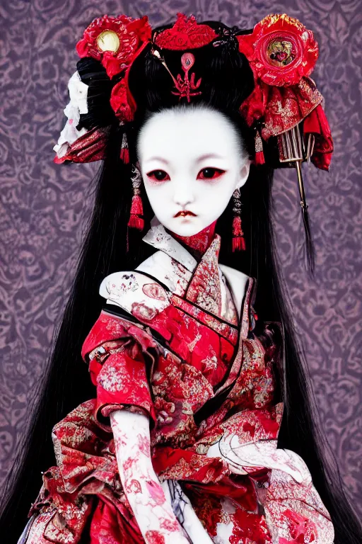 Image similar to avant - garde japanese bjd geisha vampire queen in victorian red dress in the style of dark - fantasy lolita fashion painted by yoshitaka amano, takato yamamoto, james jean, dmt art, symmetrical vogue face portrait, volumetrics, intricate detail, artstation, cgsociety, artgerm, gold skulls, rococo