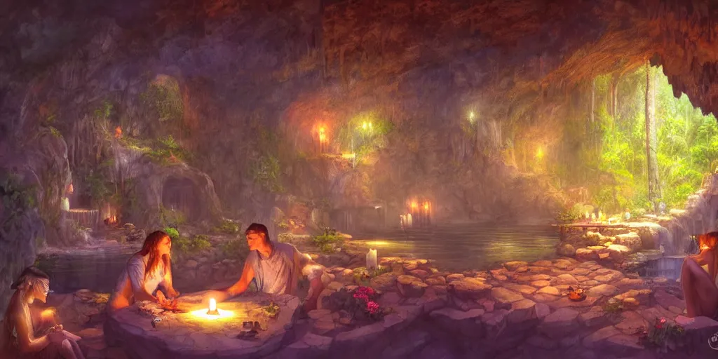 Image similar to detailed interior of cozy hotsprings hidden inside a cave, small waterfalls, lush vegetation, flowers, towels, plates of fruit, candlelight, digital painting, concept art, light shafts, stunning atmosphere, by gerald brom, cinematic lighting