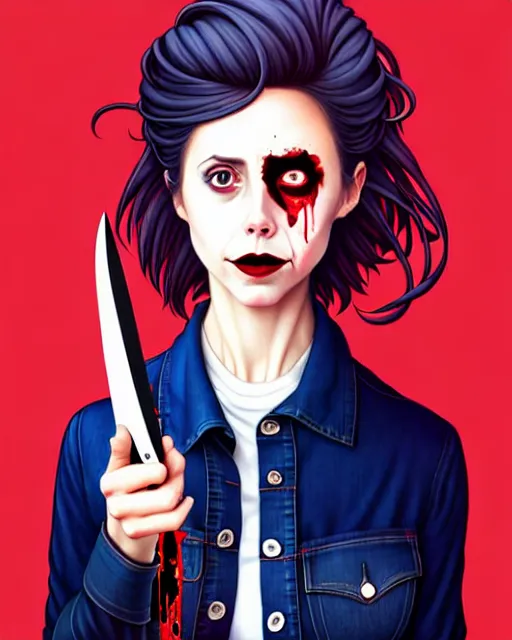 Image similar to loish, artgerm, Joshua Middleton art, Rafeal Albuquerque, pretty Alison Brie serial killer holding bloody knife in right hand realistic hand, blood on clothes and face, sarcastic smile, symmetrical eyes, symmetrical face, jean jacket, jeans, short blonde hair, middle shot, night time, deep blacks