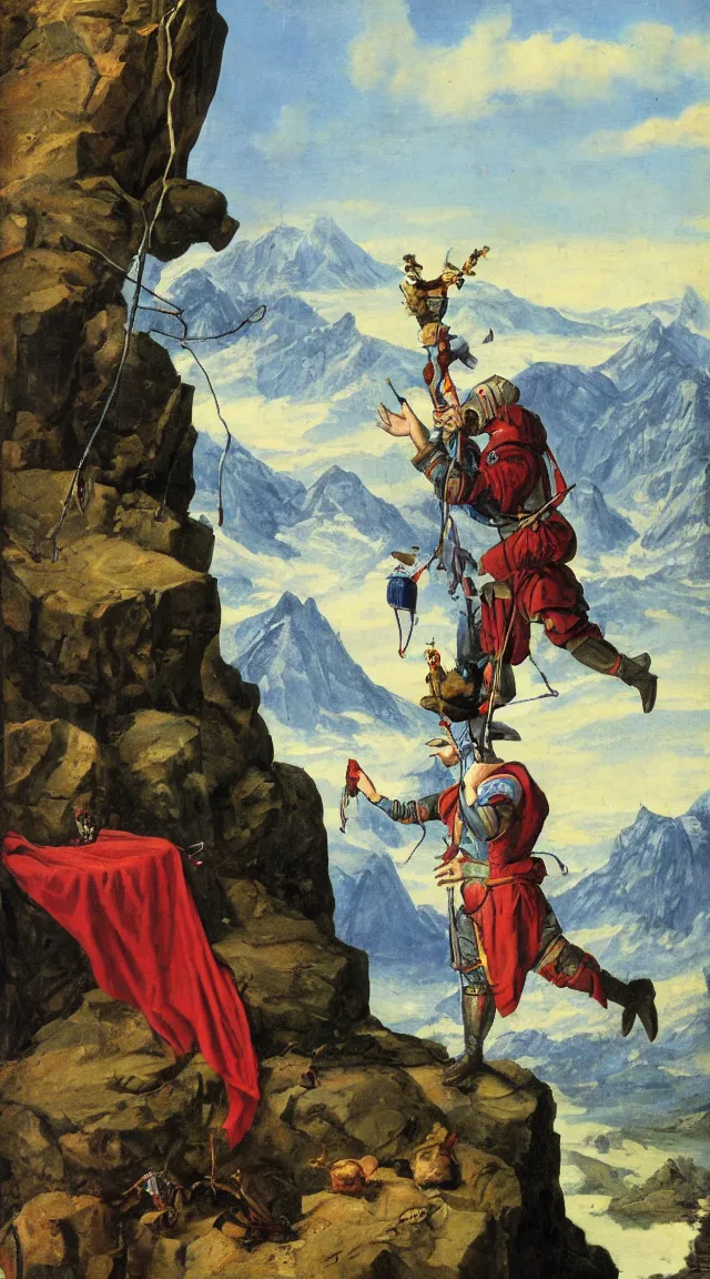 Prompt: Major Arcana, The Fool, The Fool as a Young Robot, about to step into a deep chasm, carrying its belongings wrapped up in a kerchief tied to the end of a staff, small robotic dog at its heels, Sun and Snowcapped mountains in the distance, photorealistic