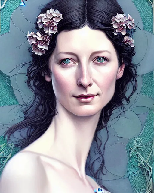 Image similar to beautiful and playful ethereal caitriona balfe ( outlander ) portrait, art nouveau, fantasy, intricate flower designs, elegant, highly detailed, sharp focus, art by artgerm and greg rutkowski and wlop