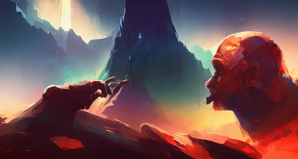 Image similar to Epic dramatic cinematic close-up character shot of a man pit against his mortal enemy in a thumb war for the fate of cosmic reality. Digital art. By Dominik Mayer, Anton Fadeev, and Alena Aenami. Masterpiece. Trending on Artstation and CGsociety. World's greatest artistry. HDR. 4k. Amazing incredible awesome awe-struck fantastic intriguing. Creative use of colors. Fantastic lighting.