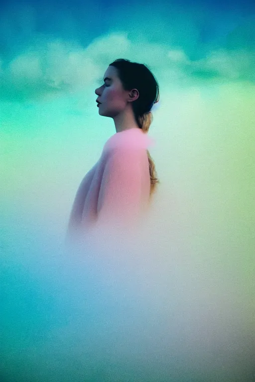 Image similar to high quality pastel coloured film close up wide angle photograph of a model wearing clothing swimming on cloud furniture in a icelandic black rock!! environment in a partially haze filled dreamstate world. three point light, rainbow. photographic production. art directed. pastel colours. volumetric clouds. pastel gradient overlay. waves glitch artefacts. extreme facial clarity. 8 k. filmic.