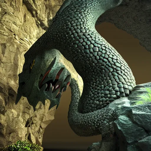 Image similar to dragon at the entrance to a mountain cave, sharp, realistic render