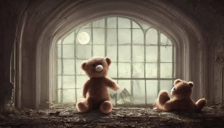 Prompt: Abandoned teddy bear on a floor of an abandoned Neo-Gothic manor looking at the moon through the big windows in front of him, hyperdetailed, artstation, cgsociety, 8k