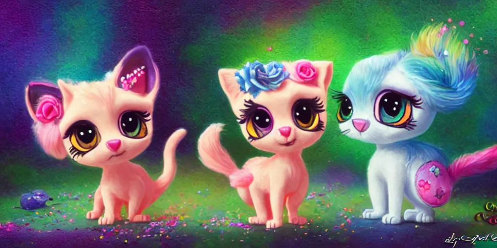 Prompt: 3 d littlest pet shop cat, lacey accessories, glittery wedding, ice cream, gothic, raven, rainbow, smiling, forest, moon, master painter and art style of noel coypel, art of emile eisman - semenowsky, art of edouard bisson
