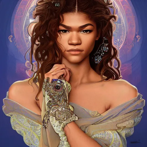 Image similar to A full portrait of Zendaya, intricate, elegant, highly detailed, digital painting, artstation, concept art, smooth, sharp focus, illustration, art by bouguerea and alphonse mucha