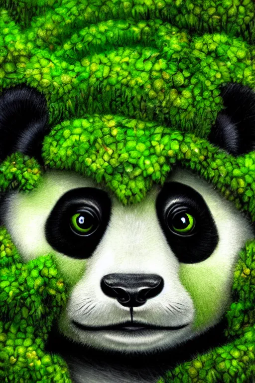 Image similar to a green moss panda, symmetrical, highly detailed, digital art, sharp focus, amber eyes, ferns, trending on art station