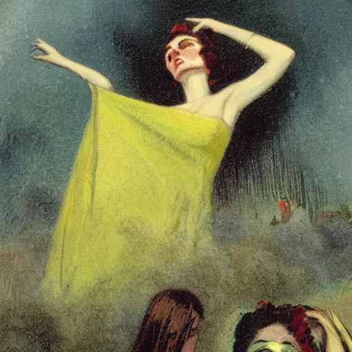 Image similar to dayglo yellow, fantastic planet loose, blocks by alfred augustus glendening. this illustration was painted in 1 9 3 7 during the guerra civil espanola. the woman in the illustration is weeping. she is wearing a black dress & a black veil. her face is distorted by grief. the illustration is dark & somber.