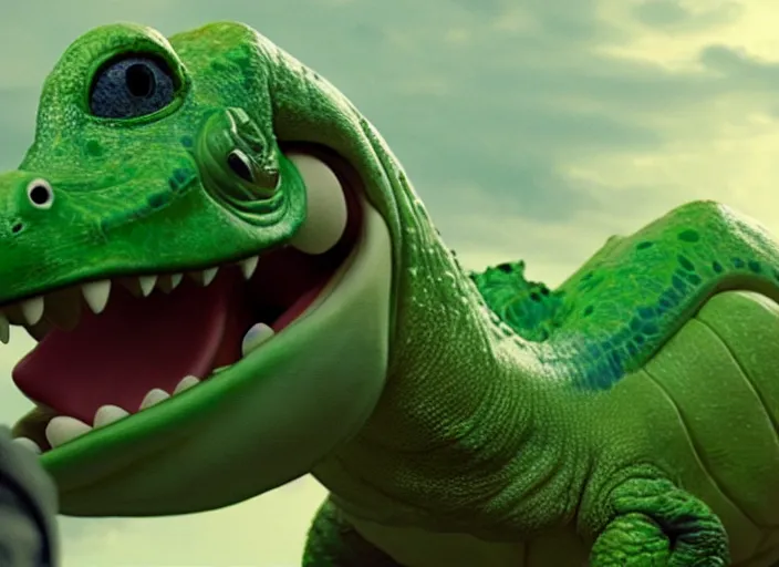 Image similar to film still of yoshi in the new sci - fi movie, cute upright dinosaur with a small turtle shell and long tongue, 8 k