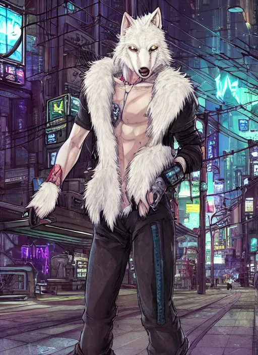 Prompt: character portrait of a shirtless fit male anthro albino wolf fursona with a tail and a cute beautiful attractive detailed furry face wearing black stylish cyberpunk pants and boots in a cyberpunk city at night while it rains. hidari, color page, tankoban, 4K, tone mapping, Akihiko Yoshida.