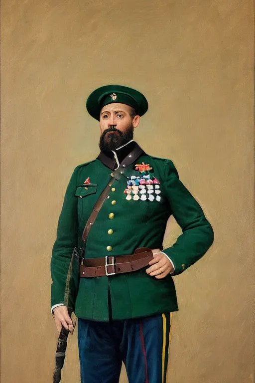 Prompt: full body portrait of the dictator of the minnesota timberwolves, 1 8 8 9, in full military garb, midnight blue, aurora green, lake blue, moonlight grey, oil on canvas by william sidney mount, trending on artstation
