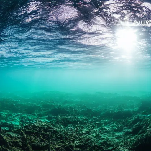 Image similar to ultrawide shot backlit ploughing the seabed underwater