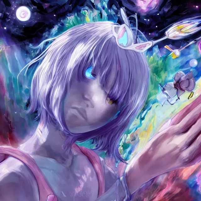 Image similar to rei ayanami, deep space, seascape, grimes, silver hair, shikinami asuka langley, card captor sakura, bunny ears, cosmos, psychedelic flowers, black opal, rainbow aura quartz, organic, oni compound artwork, of character, render, artstation, portrait, wizard, beeple, art, fantasy, epcot, psychedelic glitchcore