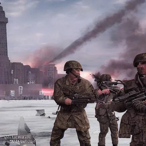 Image similar to The war between the Soviet Union and America, the action takes place in New York, far away against the background of the Statue of Liberty, a lot of soldiers and military equipment, a lot of explosions and tracer bullets, a lot of ruins, a very epic battle, The style of photography of the 80s, very detailed and detailed style