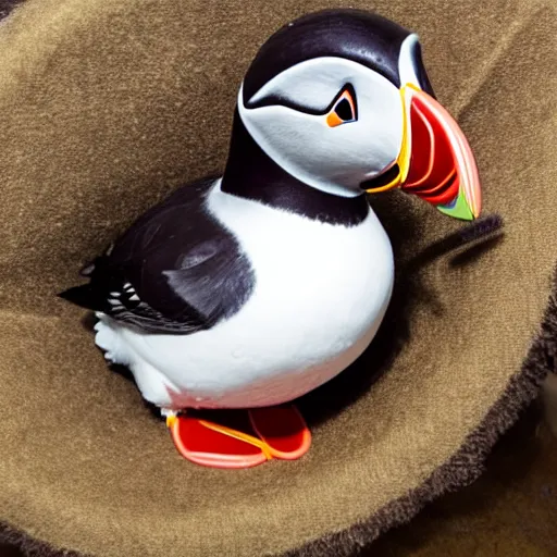 Prompt: puffin in a bed