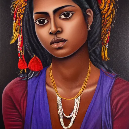 Image similar to A portrait of a thin trendy and gorgeous non-binary person, dark skin tone, Indian, oil painting, majestic, detailed, high resolution