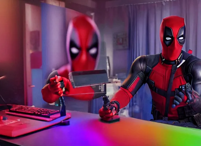 Image similar to film still of Deadpool working as a twitch streamer next to his RGB gaming PC in his neon lit bedroom in the new Deadpool movie, 4k