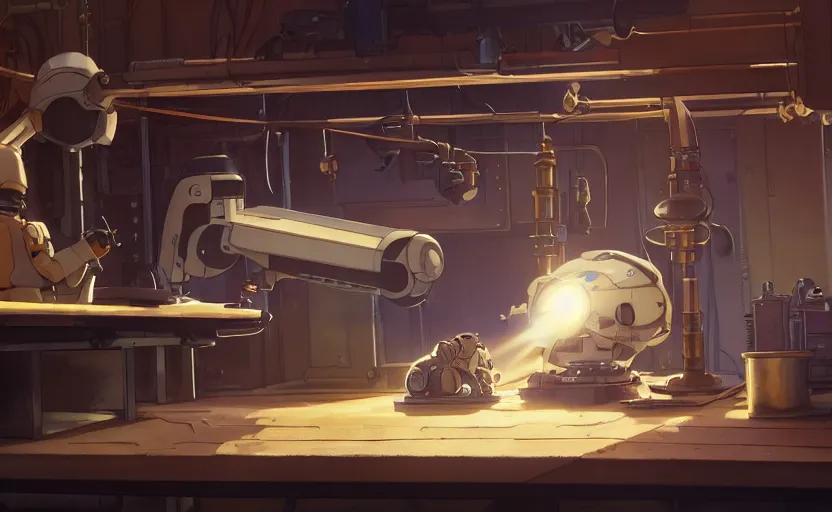 Image similar to an anime mechanical robot cat sleeping on a mechanics workbench in a spaceport in dieselpunk ghibli animated film, volumetric lighting, octane render by stanley artgerm, greg rutkowski, studio ghibli, alphonse mucha, norman rockwel, highly detailed, warm lighting, lens flare