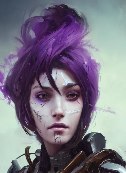 Prompt: close up painting, woman with brown eyes, sci - fi armor, purple smoke hair, beautiful, grizzled face, gorgeous, face visible, scars, eyeliner, cinematic lighting, eva suit, wallpaper, extremely detailed, sharp focus, by greg rutkowski and [ [ [ wlop ] ] ], intricate, beautiful, award winning, trending on artstation, pixiv