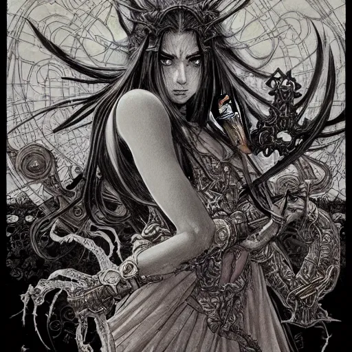 Image similar to prompt: World of Warcraft character portrait drawn Vania Zouravliov and Katsuhiro Otomo and Takato Yamamoto, inspired by Akira 1988 anime, magical and alchemical weapons, soft light, intricate detail, photorealistic style, intricate detailed oil painting, detailed illustration, oil painting, painterly feeling, intricate ink painting detail, sharp high detail, manga and anime 2000