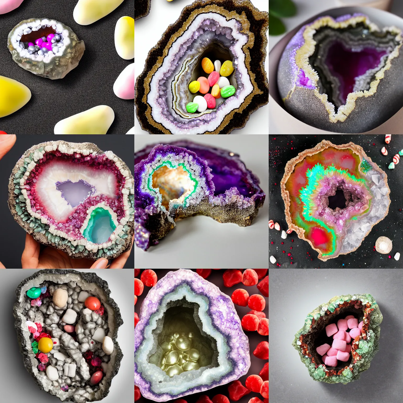 Prompt: photorealistic geode which has been cracked open to reveal assorted candy and peppermints